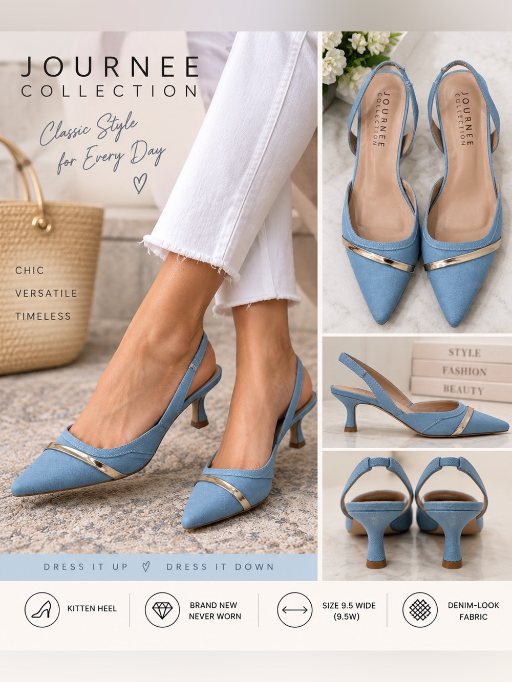 Journee Collection Light Blue Denim-Look Slingback Heels – Size 9.5 Wide – NWOB